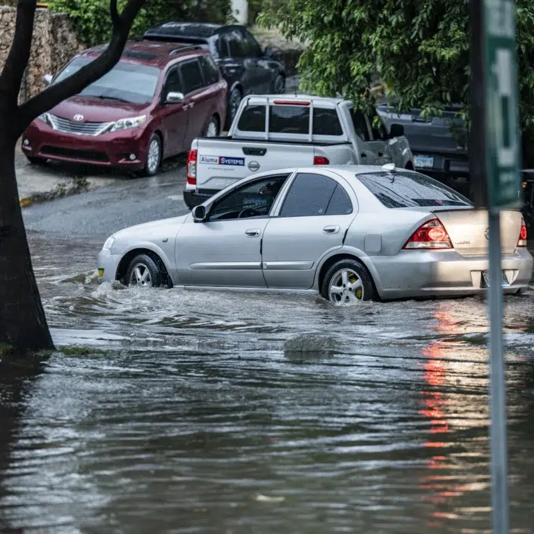 Calle inundada por un temporal, un caso de fuerza mayor que puede impedir llegar al trabajo