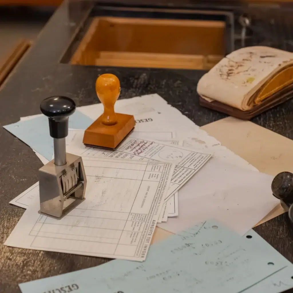 Escritorio con timbres y documentos oficiales, que representa el expediente de un sumario administrativo